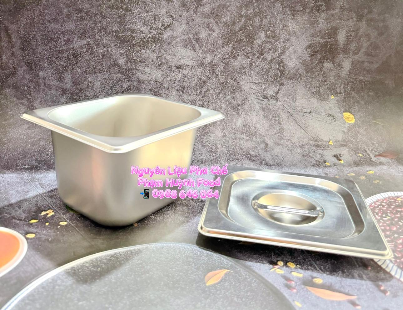 Khay topping inox 1/6 + Nắp (Vuông)