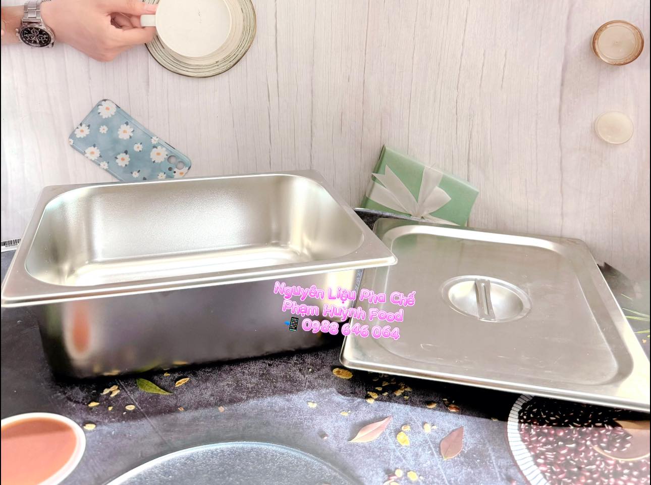 Khay topping inox 1/2 + Nắp ( chữ nhật đại)