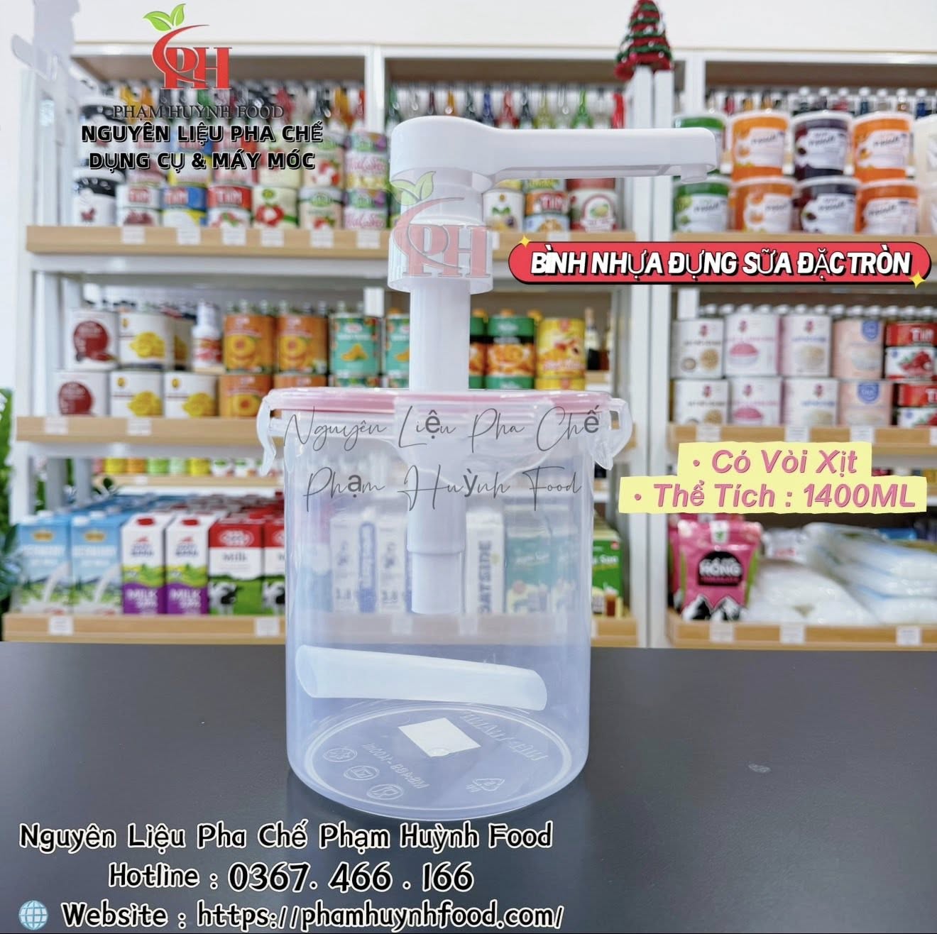 Bình Tròn Đựng Lon Sữa Đặc 1400ml + Vòi Bơm 10ml